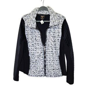 Wooly Bully Wear XL Faux Fur Quilted Black Gray Zip-Up Jacket Womens Winter Coat